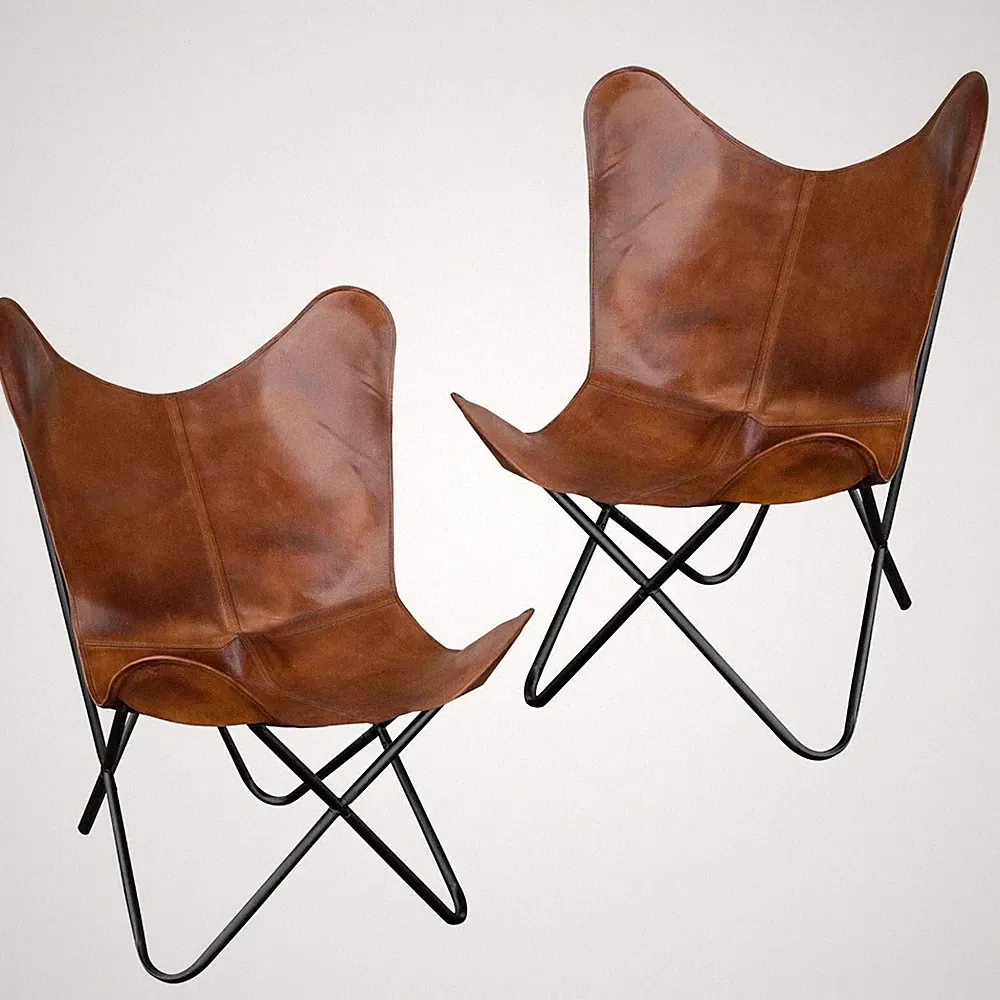2PCS Retro Vintage Classic Tan Handmade Leather Butterfly Chair BKF Sleeper Seat
